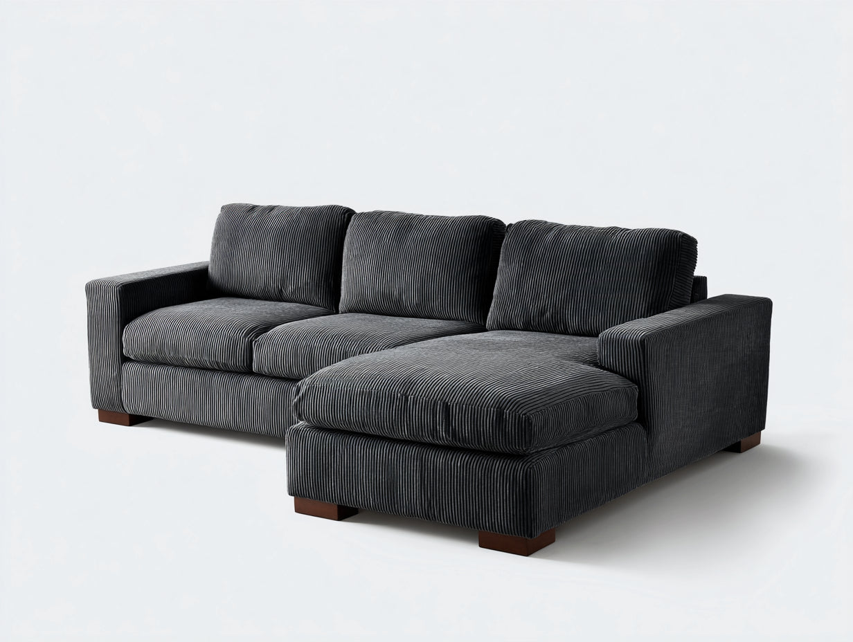 Canapé d'angle - velours côtelé-bois - 238x161x83 cm - gris anthracite-marron foncé - style contemporain compact
