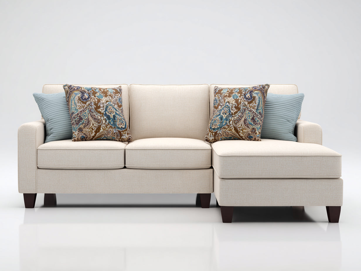 Canapé d'angle - tissu-bois - 224x158x86 cm - beige crème-marron foncé - style contemporain doux