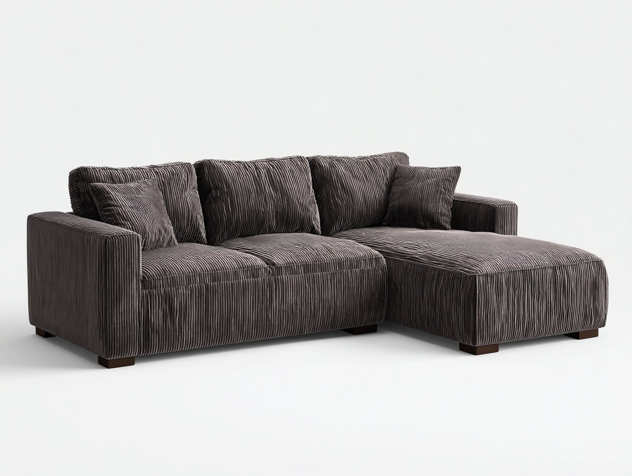 Canapé d'angle - velours côtelé-bois - 246x165x83 cm - gris anthracite-marron foncé - style contemporain texturé