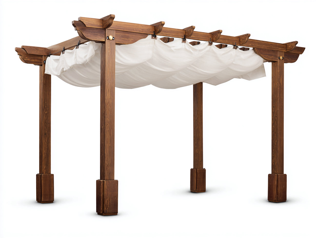 Pergolas et tonnelles - bois-toile-métal - 460x330x260 cm - brun foncé-blanc-noir - style rustique à toile coulissante