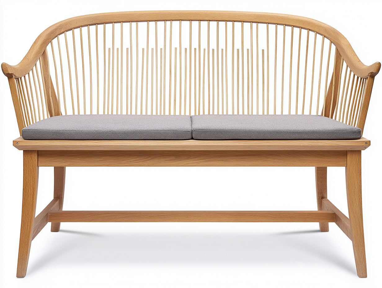Banc de jardin - bois-tissu - 158x60x90 cm - bois clair-gris - style contemporain incurvé avec accoudoirs