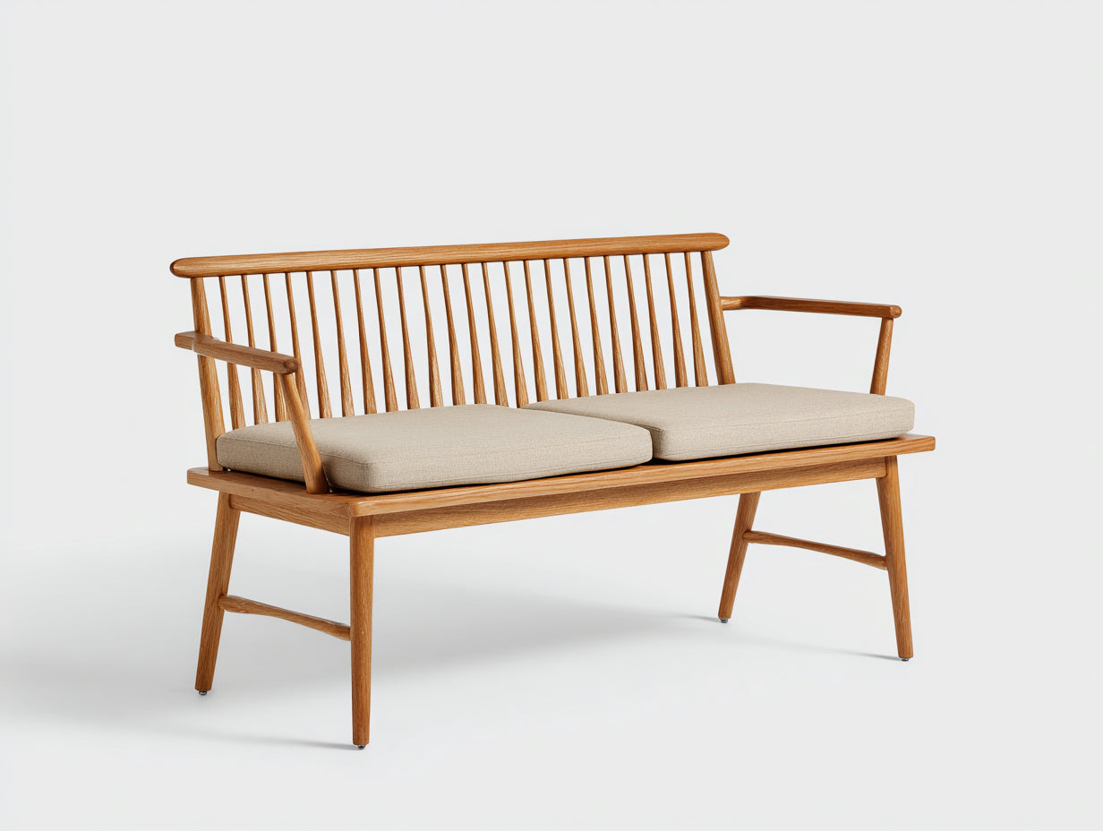 Banc de jardin - bois - tissu - 158x56x86 cm - marron clair-beige - style scandinave avec accoudoirs