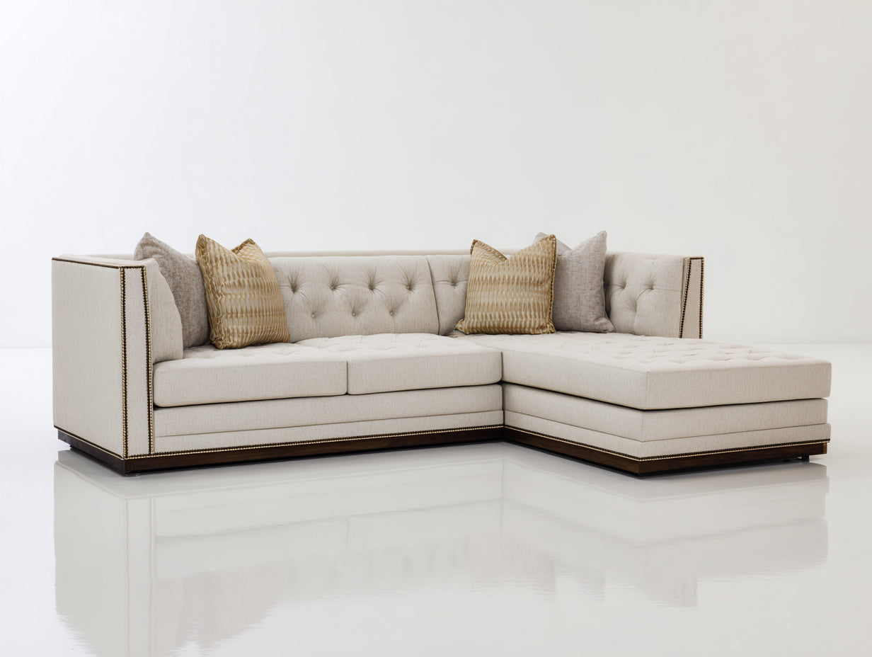 Canapé d'angle - tissu-bois-métal - 262x170x80 cm - beige clair-marron foncé-doré - style contemporain raffiné
