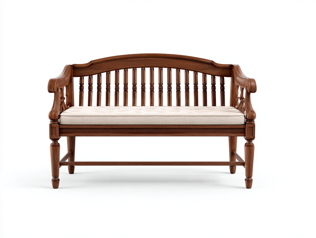 Banc de jardin - bois-tissu - 150x55x86 cm - marron-crème - style classique sculpté avec accoudoirs