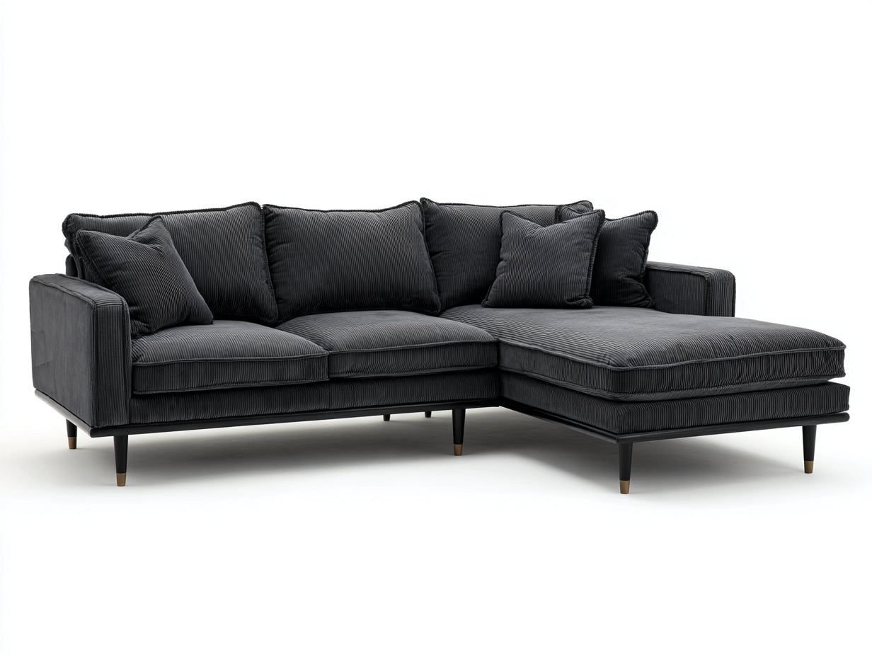 Canapé d'angle - velours côtelé-bois-métal - 248x164x83 cm - gris anthracite-noir-doré - style contemporain