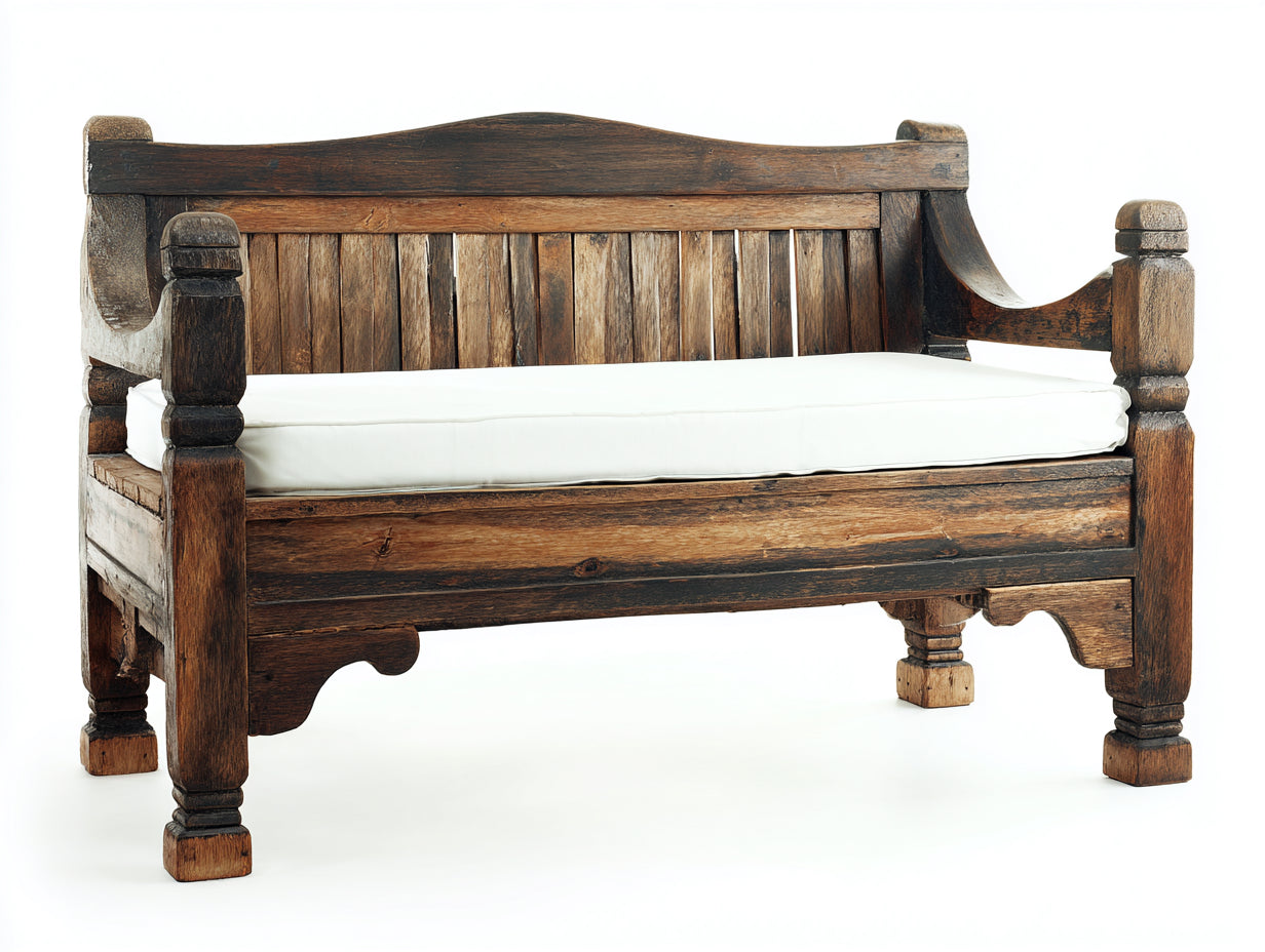 Banc de jardin - bois-tissu - 154x58x90 cm - marron foncé-blanc - style rustique sculpté avec accoudoirs