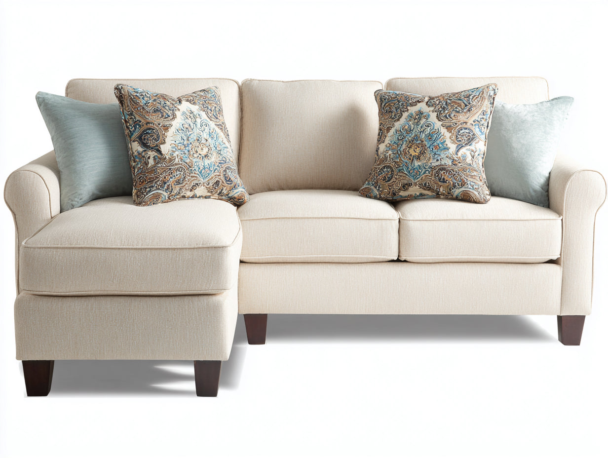 Canapé d'angle - tissu-bois - 220x150x86 cm - beige crème-marron foncé - style contemporain