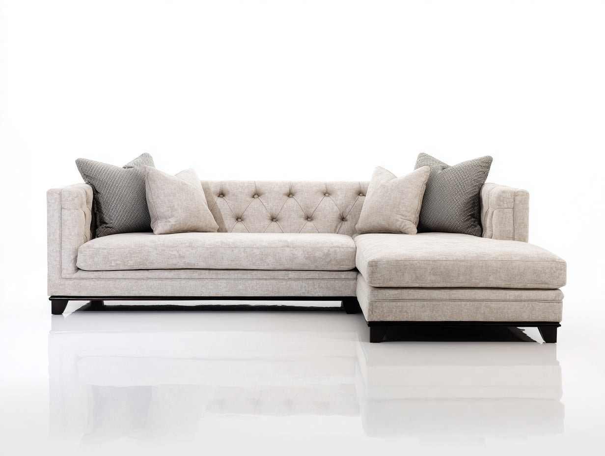 Canapé d'angle - tissu-bois - 240x165x82 cm - beige clair-noir - style contemporain capitonné