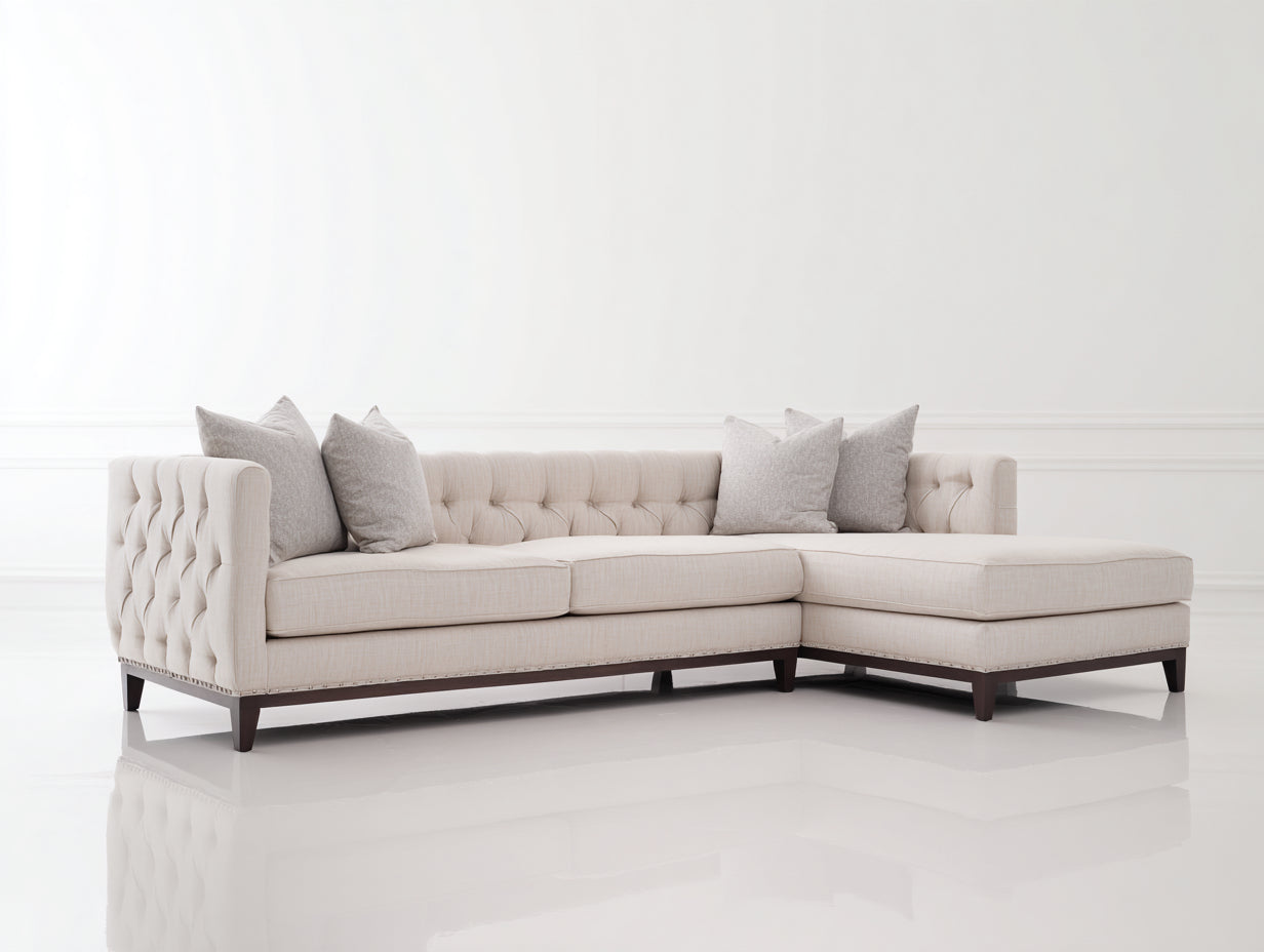 Canapé d'angle - tissu-bois-métal - 252x166x84 cm - beige clair-marron foncé - style chesterfield contemporain