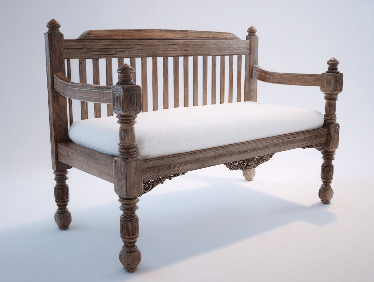 Banc de jardin - bois-tissu - 152x57x92 cm - marron-blanc - style classique sculpté avec accoudoirs