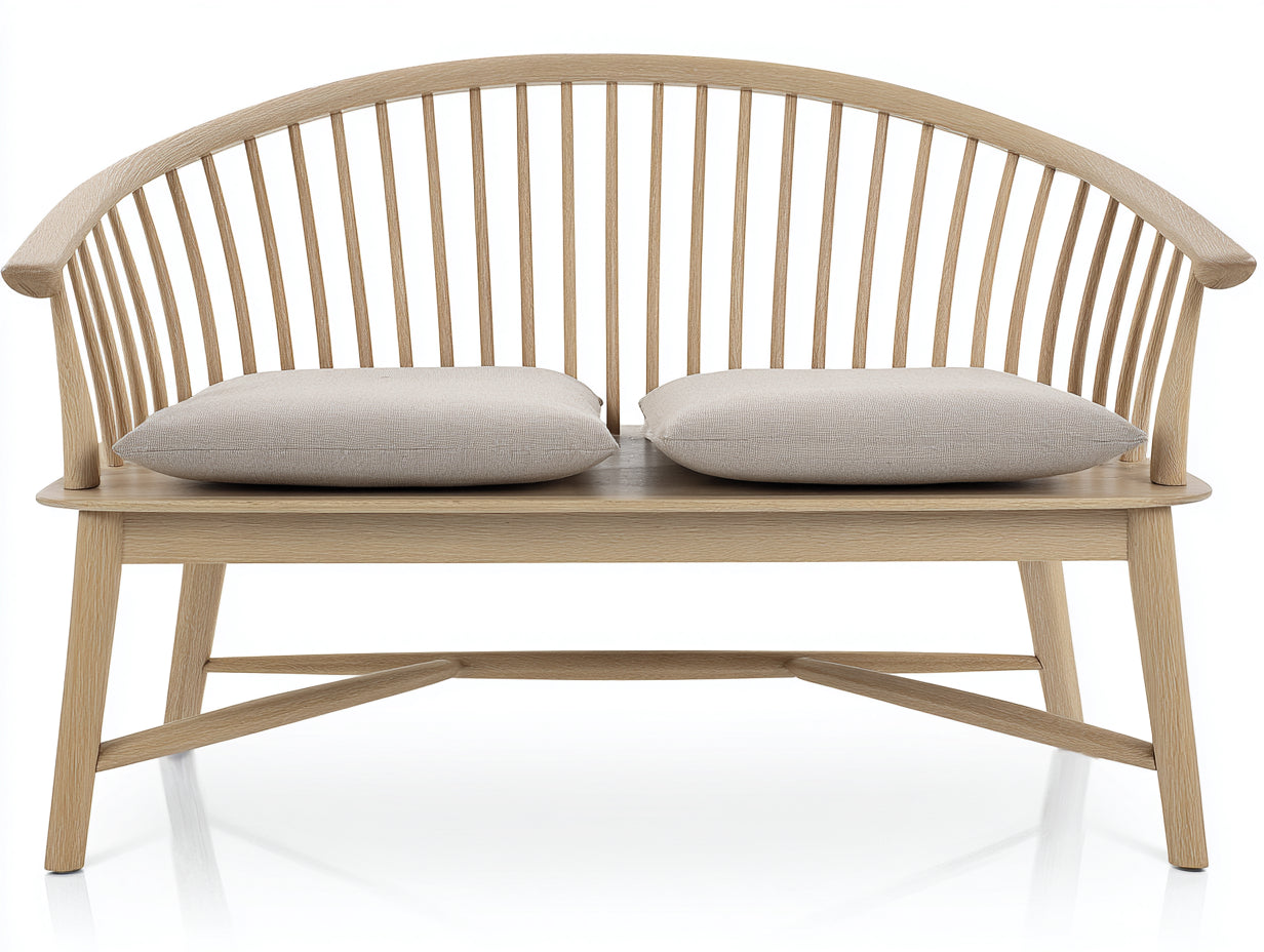 Banc de jardin - bois-tissu - 150x58x92 cm - chêne clair-beige - style contemporain incurvé avec accoudoirs