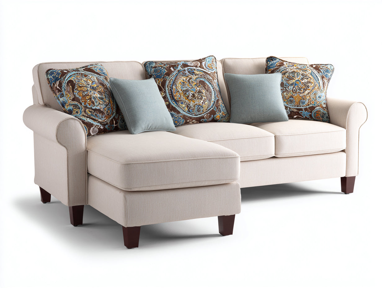 Canapé d'angle - tissu-bois - 228x156x87 cm - beige crème-marron foncé - style classique contemporain