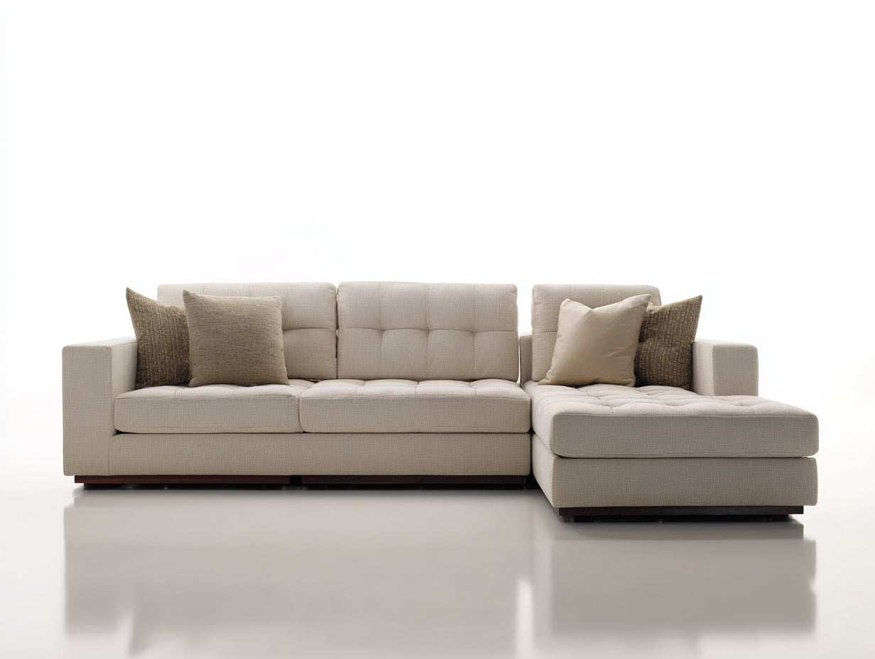 Canapé d'angle - tissu-bois - 236x164x82 cm - beige clair-marron foncé - style contemporain capitonné
