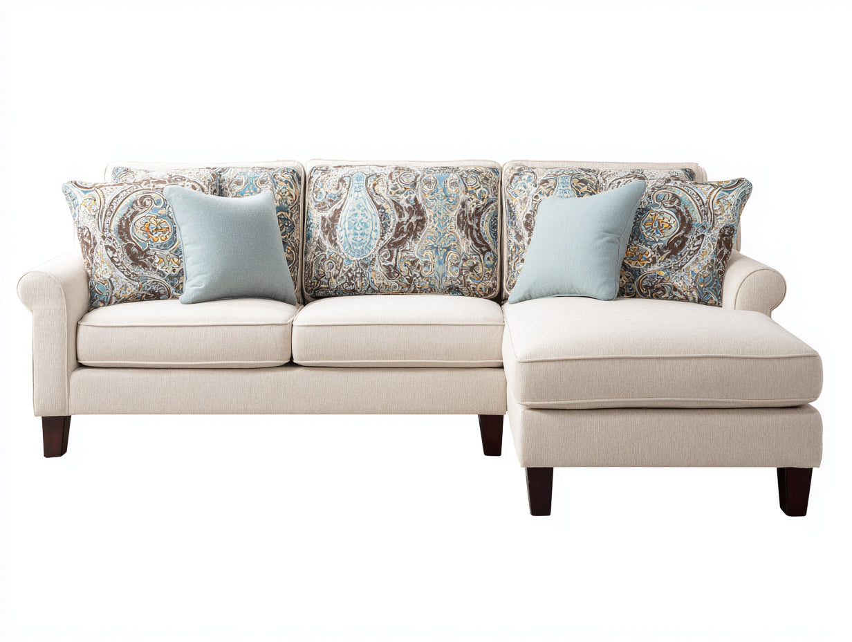 Canapé d'angle - tissu-bois - 224x158x86 cm - beige crème-marron foncé - style contemporain doux