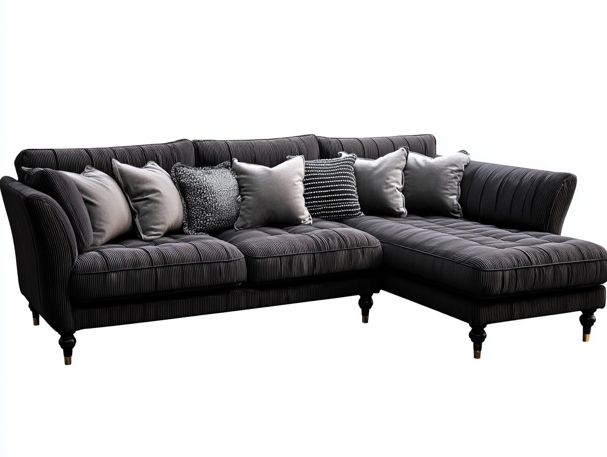 Canapé d'angle - velours côtelé-bois-métal - 256x166x84 cm - gris anthracite-noir-doré - style classique contemporain