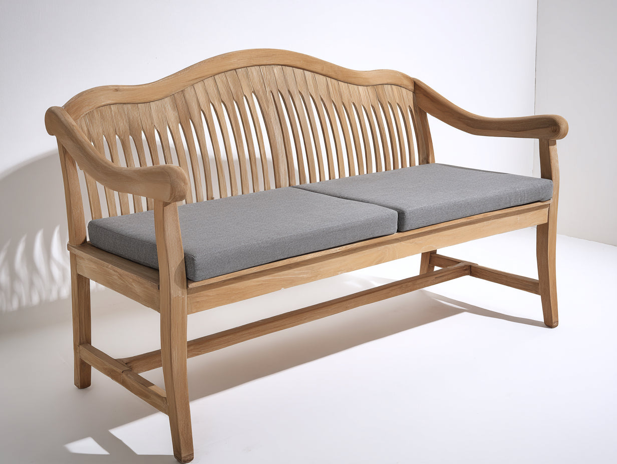 Banc de jardin - bois-tissu - 155x60x88 cm - bois clair-gris - style classique avec accoudoirs