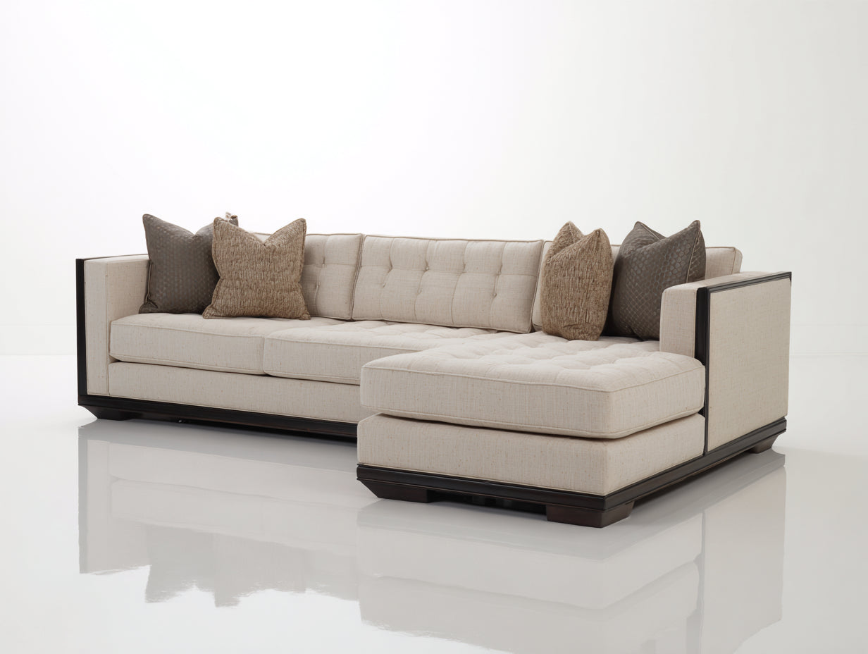Canapé d'angle - tissu-bois-métal - 260x168x78 cm - beige clair-marron foncé-noir - contemporain épuré